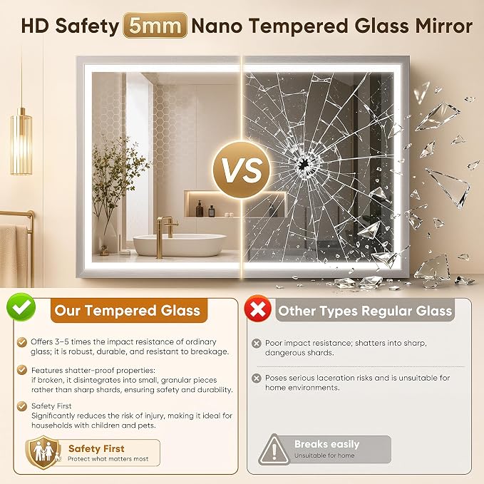 Antok 60x36 LED Bathroom Mirror with Lights, Backlit + Front Lit Vanity Mirror with CRI>90, Dimmable Anti-Fog Smart Mirror with Memory Function, 3 Color Temperatures, Shatterproof Tempered Glass, ETL