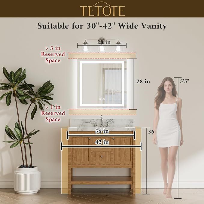 28 x 28 Inch LED Bathroom Mirror with Frontlit and Backlit, Brighter Light up Bathroom Vanity Mirror with Lights, 3-Color Dimmable Illuminated Anti Fog Mirror Wall Mounted, Waterproof