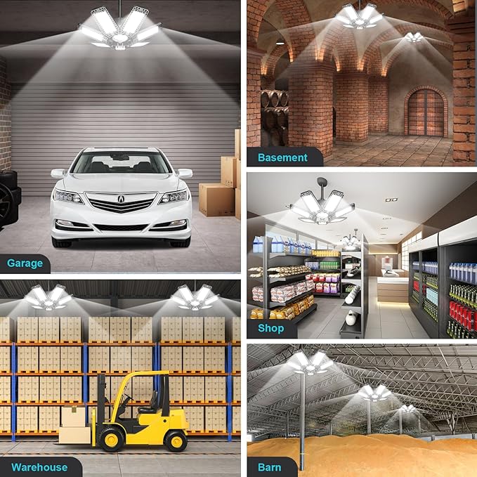 LED Garage Light 4 Pack - 200w 20000LM 6500K Garage Lights Ceiling LED with 7+1 Adjustable Panels, Shop Lights Screw in E26 E27 Bulb Socket for Workshop, Storage Room, Basement, Warehouse