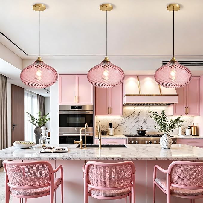 11in Gold Pendant Lights Kitchen Island with Purple Pink Glass Shade 1Pack | Handcrafted Glass Pendant Light Fixtures, UL Certified, E26 Base 100W Max, Height-Adjustable, Dimmable Hanging Pendant Light