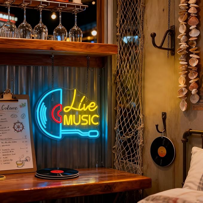 Live Music Neon Sign Vinyl Record LED Wall Light for Music Room Decor | USB Powered Live Music Neon Light, Retro Music Wall Decor for Vinyl Record Room Studio Bedroom Bar Cafe Gift for Musicians