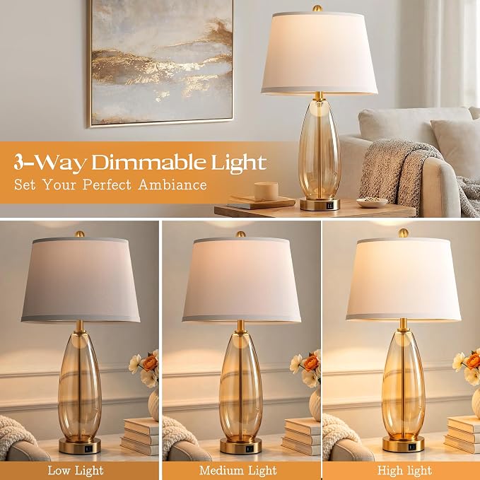 WIHTU 27" Glass Table Lamps for Living Room, Touch Dimming Lamps Set of 2 | Gradient Brown Glass Body, 3-Way Dimming, USB A+C Ports, Included 2 Bulbs,E26 Base,Modern Nightstand Lamp for Bedroom, Office