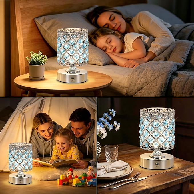Blue Crystal Rechargeable Cordless Table Lamp, Touch Small Desk Lamp | 6000mAh Battery, 3 Color Temps, Stepless Dimming, USB Charging, Portable Wireless Night Light for Bar Bedroom Living Room