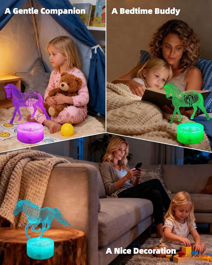 Horse 3D Illusion Night Light, 2 Patterns, Girl Gift Lamp | 16 Colors Changing, Dimmable, Touch & Remote Control, Room Bedroom Decor, Birthday Christmas Toy Stuff for Kid Teenage