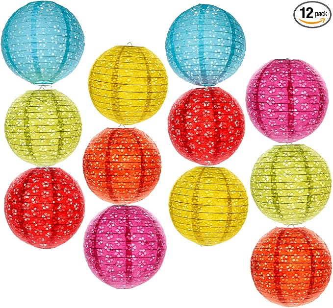 12Pcs Paper Lanterns Chinese Lunar New Year Decorations 2026 Chinese Japanese Decorative Hanging Paper Lanterns 8inch Round Hollow Colorful Lantern Lamps for Spring Festival Asian Home Party Decor