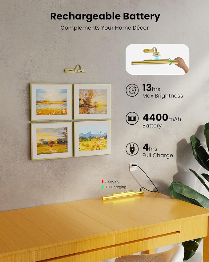 Picture Light for Wall Battery Powered Wireless 13in Gold | 4400mAh Rechargeable,CRI 95+ Dimmable,3 CCT Remote Wall Sconce, 250° Rotatable, Art Light for Paintings Photos Dartboard