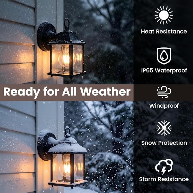 Outdoor Light Fixture, Classic Die-Cast Aluminum & Tempered Glass Porch Light for House, E26 Base (60W Max) Waterproof Wall Lantern for Front Door Garage Garden, ETL Qualified, Black, 1 Pack