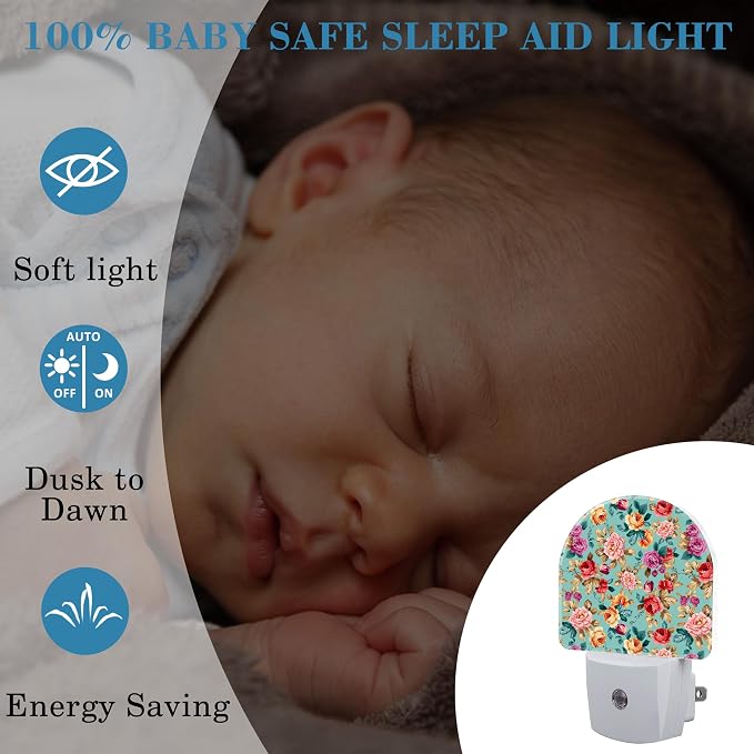 Plug in Night Lights Retro Pink Red Flowers Nightlight Plug Into Wall Dusk to Dawn Sensor LED Night Light for Kid Girls Boys Women Men Room Decor, Hallway, Kitchen, Bathroom, Nursery, Stairs