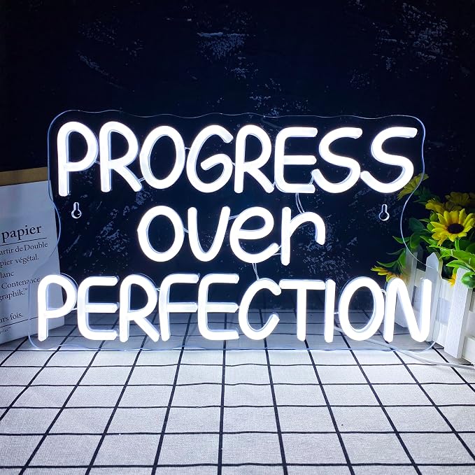 Progress Over Perfection Neon Sign, LED Dimmable Inspirational Classroom Positive Neon Sign, USB Powered for Motivational Classroom Decor Positive Affirmation Mental Office(15.7 * 9 in)