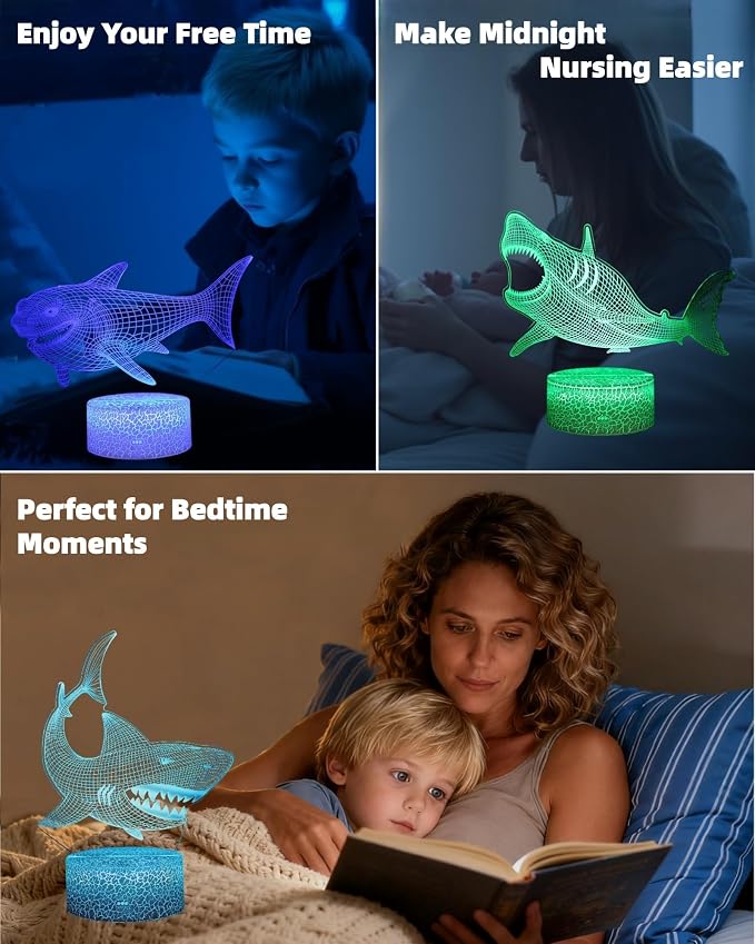 Shark 3D Illusion Night Light, 3 Patterns, Lamp for Boy Girl Kid | 16 Colors Changing, Dimmable, Touch & Remote Control, Room Bedroom Decor, Birthday Christmas Gift Toy Baby Toddler Teenage