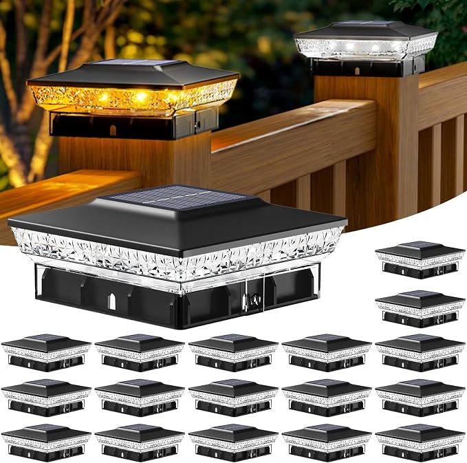btfarm 4x4 Solar Post Cap Lights Outdoor, 2 Modes 16 LED Fence Deck Post Lights, 18 Pack Waterproof Black Solar Powered Lighting Outside Fit 4x4 3.5x3.5 Wooden/Vinyl for Porch Patio Garden