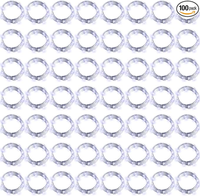 100 Packs Fairy Lights Battery Operated 3 Speed Modes, 7 Ft/ 2 M 20 LED Battery String Mini Waterproof Wire Twinkle Lights Bulk for Wedding Party Birthday Vases Decor (Cool White)