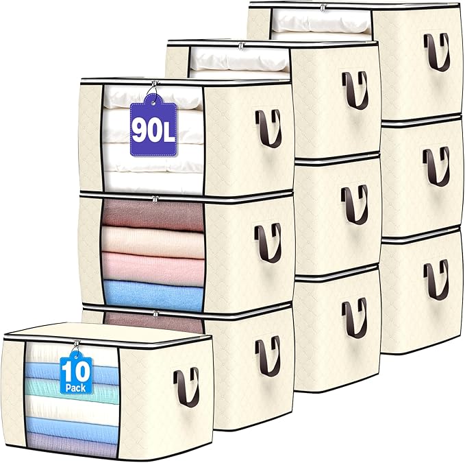 90L Large Storage Bags, 10 Pack Clothes Storage Bins Closet Organizers | Foldable Storage Containers, with Reinforced Handle, for Clothing, Blanket, Comforters, Bed Sheets, Pillows and Toys