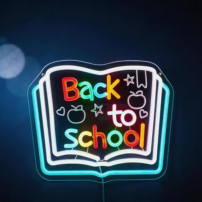 Back to School Neon Sign, Classroom LED, 13.8" x 11"IN | Chalkboard Style, Typography with Apple & Stars, Study Room Decor, For Kids & Teachers
