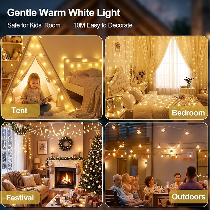 33Ft 80LED Star String Lights Battery and USB Operated, Warm White Star Fairy String Lights,Waterproof for Home Indoor Bedroom Wedding Room Dorm Wall Window Tent LoftBed Patio Party Decor