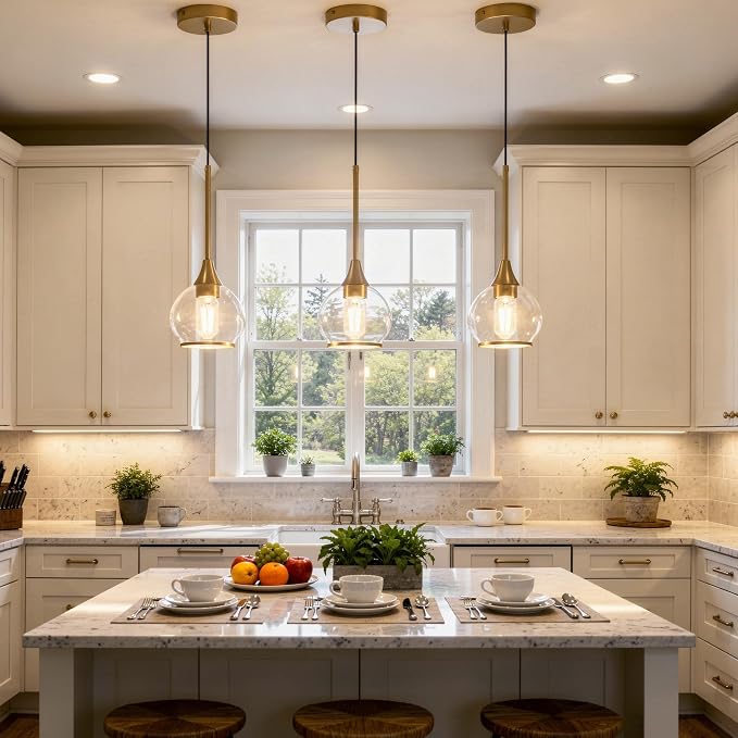 Gold Pendant Light Kitchen Island, 1 Light | Brushed Gold Pendant Light Fixture, Glass Globe Hanging Light, Adjustable Height for Kitchen Island, Dining Room & Bar