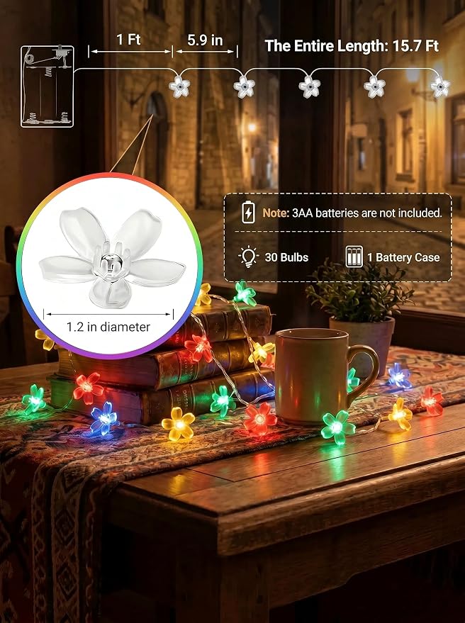 Flower Battery Operated Indoor String Lights 30L Cherry Blossom Fairy Light | Waterproof Outdoor Garden Party Camping Birthday Wedding Room Multicolor