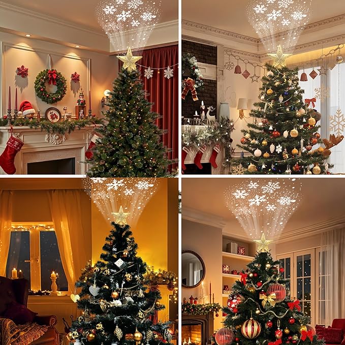 Christmas Star Tree Topper with Built-in Led Snowflake Projector Lights Hollowed Pentagram Golden Tree Topper,Plug in Christmas Tree Ornament for Indoor New Year Holiday Tree Decoration