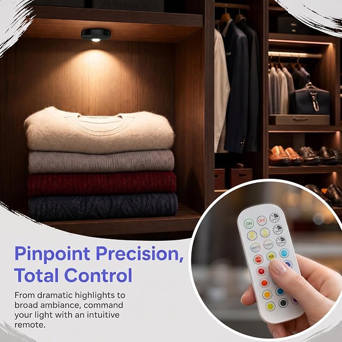 Rechargeable Magnetic Puck Lights, RGB Under Cabinet Lighting with Remote & Touch Control, Dimmable/3 Color Temps/Timing, Wireless Stick-On Lights for Kitchen Shelf Pantry