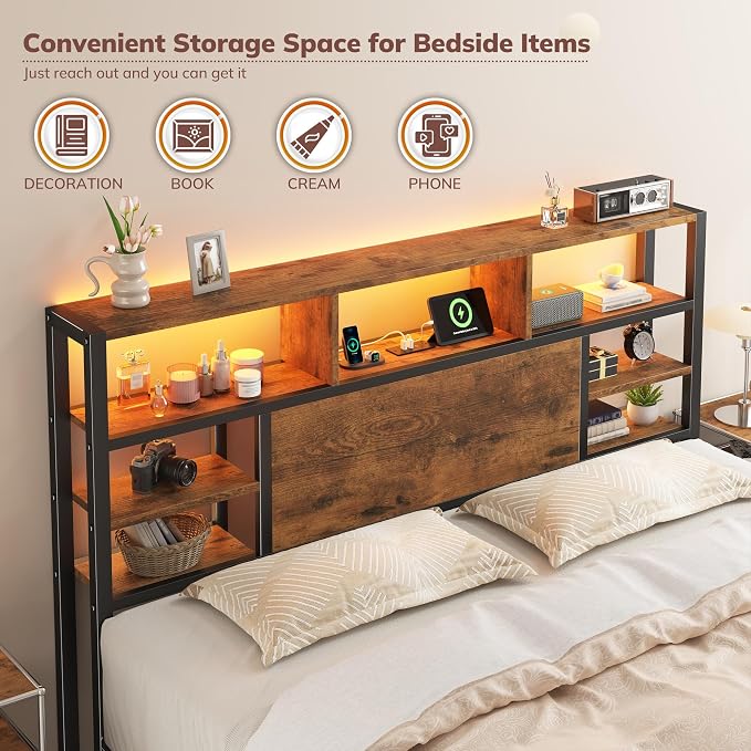 Homkdom Queen Bed Frame with Storage Headboard and Charging Station,Brown | LED Lights，12.2" Under-Bed Storage，Supports up to 1100 LBS，No Box Spring Needed，Noise-Free,Easy Assembly