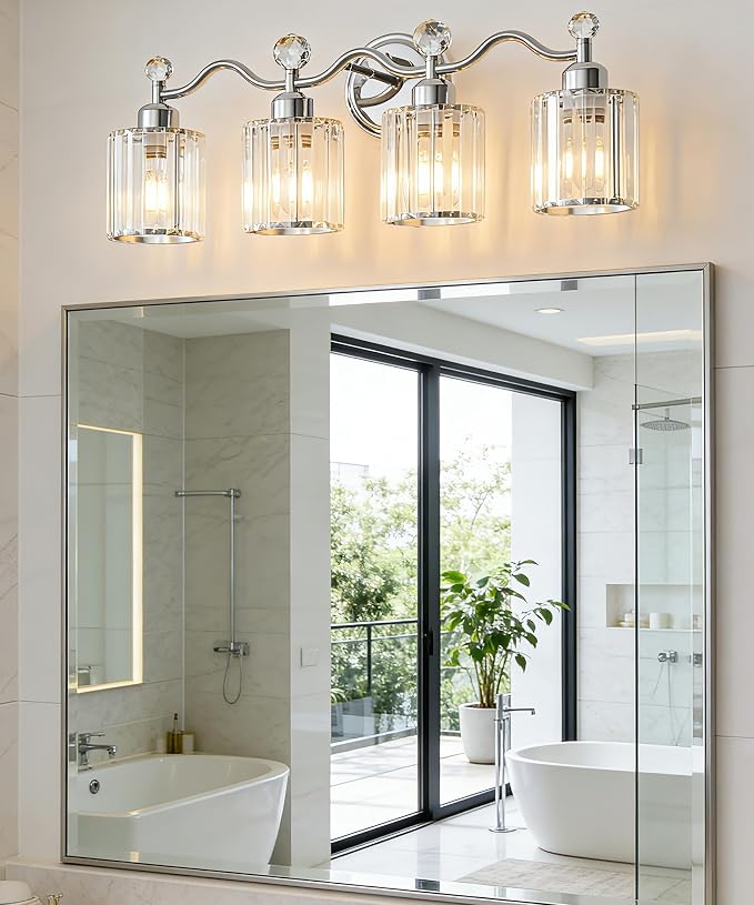 Bathroom Light fixtures,Chrome Vanity Lights for Bath,4-Lights Bathroom Vanity Lights Fixture with Clear Crystal Glass Shade, Modern Wall Light Over Mirror, Wall Sconces Light for Hallway