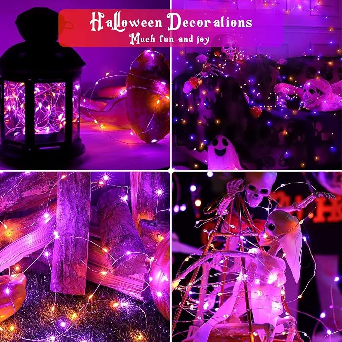 Halloween String Lights 4 Pack Fairy Lights Battery Operated Orang Purple | Each 16FT 50 LED, Timer, Waterproof Wire, Battery Fairy String Lights for Halloween Horror Parties Bedroom Home Table Decor