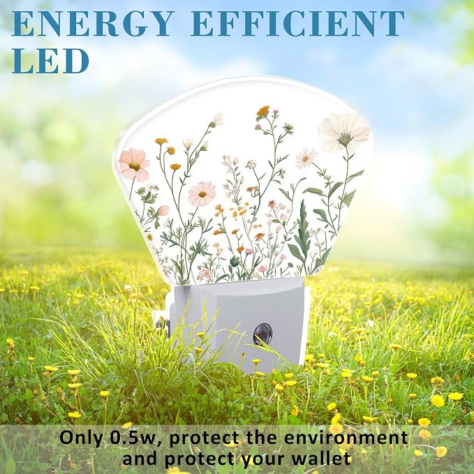 Wildflowers Plug in Night Lights, Watercolor Colorful Wildflowers Nightlight Plug Into Wall Dusk to Dawn Sensor for Kid Girls Boys Women Men Room, Hallway, Kitchen, Bathroom, Stairs Decor