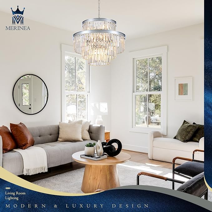22" Modern Crystal Chandeliers 15 Lights Chrome Ceiling Pendant Light 4-Tier Luxury Round K9 Crystal Light Fixture for Living Room Dining Room Bedroom Kitchen Foyer