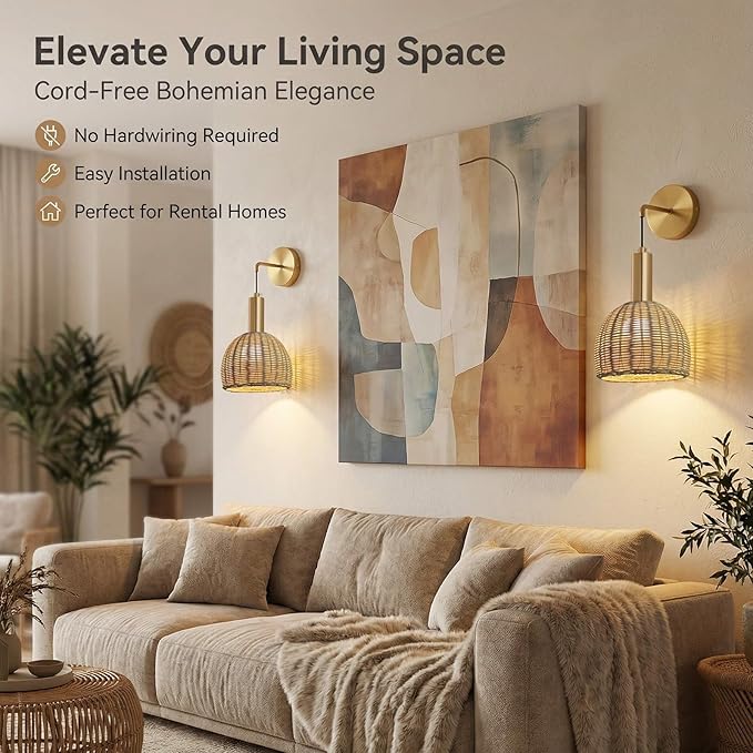 Boho Battery Operated Wall Sconce Set of 2 with Remote, Rechargeable Rattan Wireless Sconces - Dimmable for Bedroom, Living Room, Entryway (Gold)