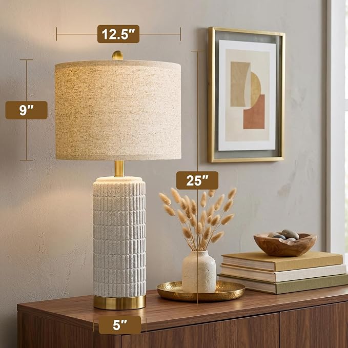 PoKat Farmhouse Table Lamps for Living Room Set of 2 with Gold Base, 25'' Stone-Like Bedside Lamps for Bedroom Night Stands, Ructic Ceramic Lamp for Office Hallway End Table Dorm (Frosted White)
