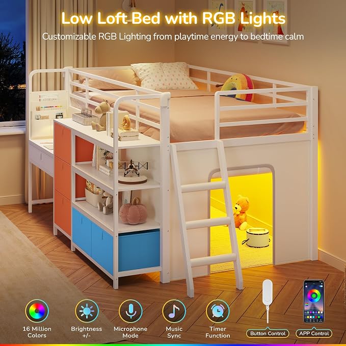 Low Loft Bed Twin Size with Desk, 6 Storage Drawers & Bookshelf, Kids Loft Bed with LED Lights & Under-Bed Play Space, Heavy Duty Metal Frame with 13.8"H Safety Guardrail & Ladder, White & Multicolor