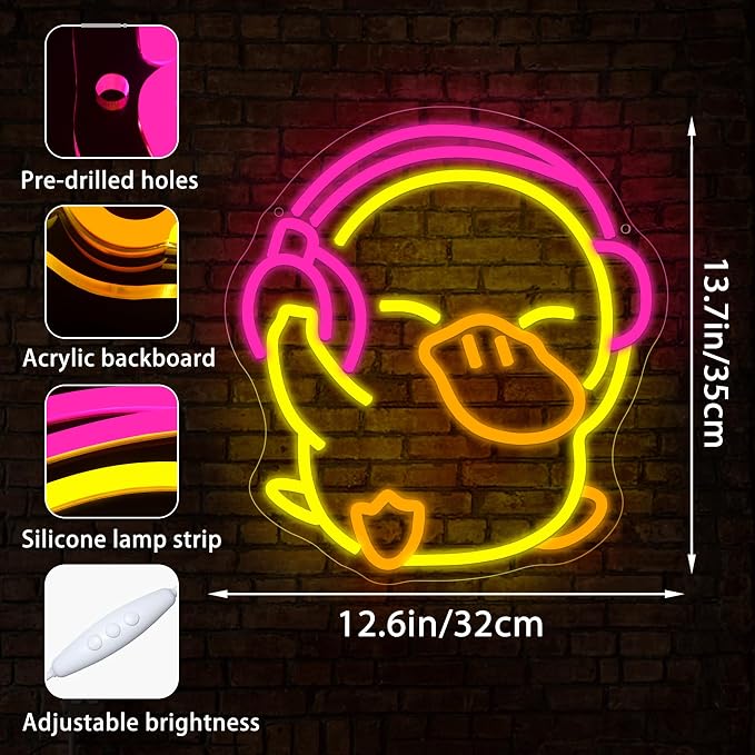 Duck Neon Sign for Wall Decor Cartoon LED Light for Man Cave | Dimmable cartoon music duck neon light, bedroom, club bar dorm decor, birthday gifts for kids, size 13.7*12.5 in