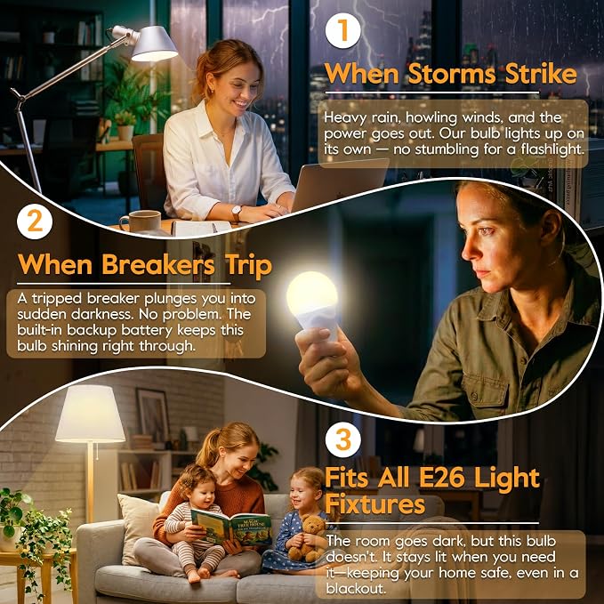 Rechargeable Light Bulbs, 9W Battery Operated Light Bulbs | Power Outage Lights, Emergency Lights for Home Power Failure, 3000K Daylight, 10 Pack