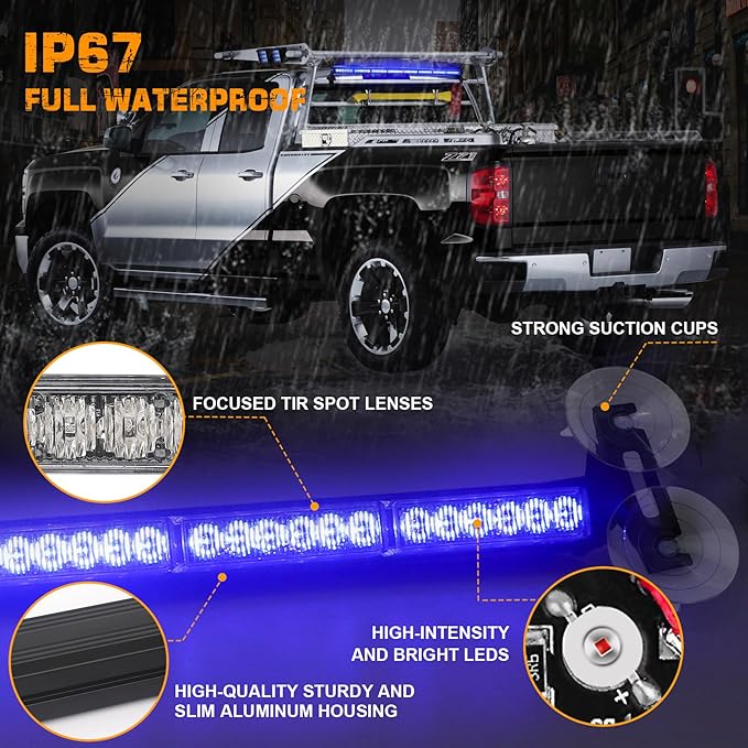 XRIDONSEN 35 inch Blue White Traffic Advisor Light Bar 48 LED Emergency Strobe Lights Safety Warning Front/Rear Window Lights w/Display Controller for Police Firefighter Ambulance Vehicles Trucks