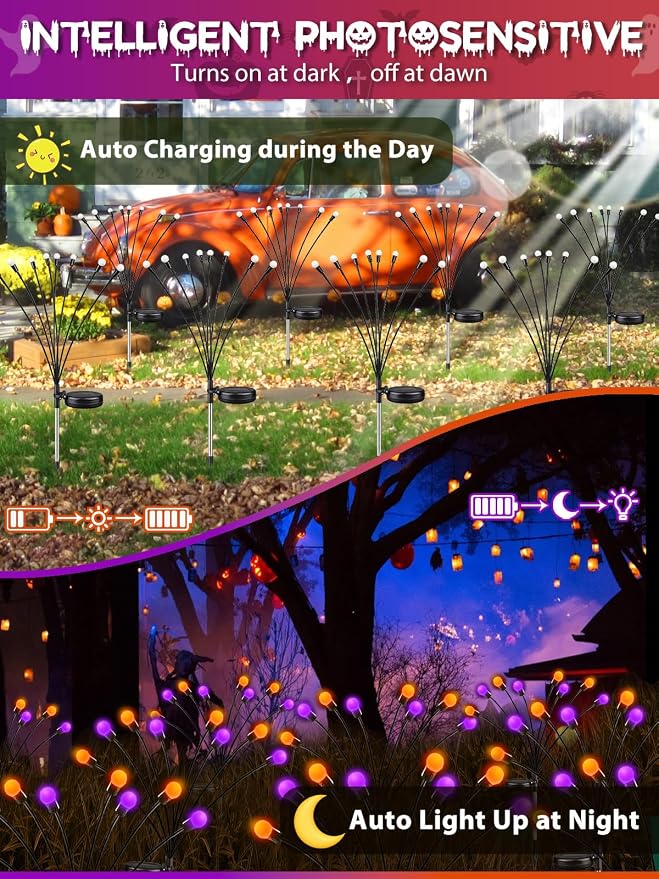 Halloween Decorations Outdoor Solar Firefly Lights 6 Pack Orange Purple | 2 Lighting Modes, Auto On/Off, 48 LED Sway with Wind, Waterproof Halloween Cpreepy Decor for Outside Graveyard Garden Pathway