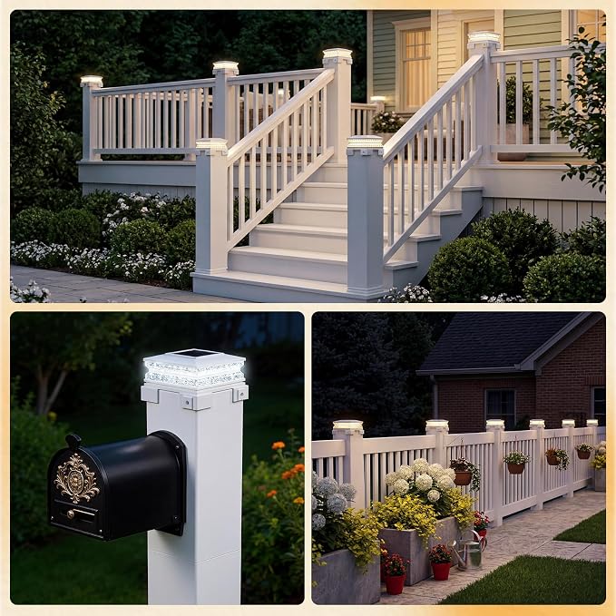 APONUO Solar Post Cap Lights Outdoor, 3 CCT & 2 Brightness Deck Post Lights Solar Powered for 4x4 5x5 6x6 Vinyl Wooden Posts, Waterproof Dusk to Dawn Fence Deck Lights for Patio Garden, White, 8-Pack