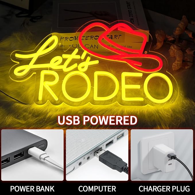 Let's Rodeo Neon Sign for Wall Decor Dimmable Cowboy Hat Led Lights Signs LED Signs for Game Room Cowboys Neon Light Room Decor for Farm Bar Game Room Man Cave Decoration Boys Gift