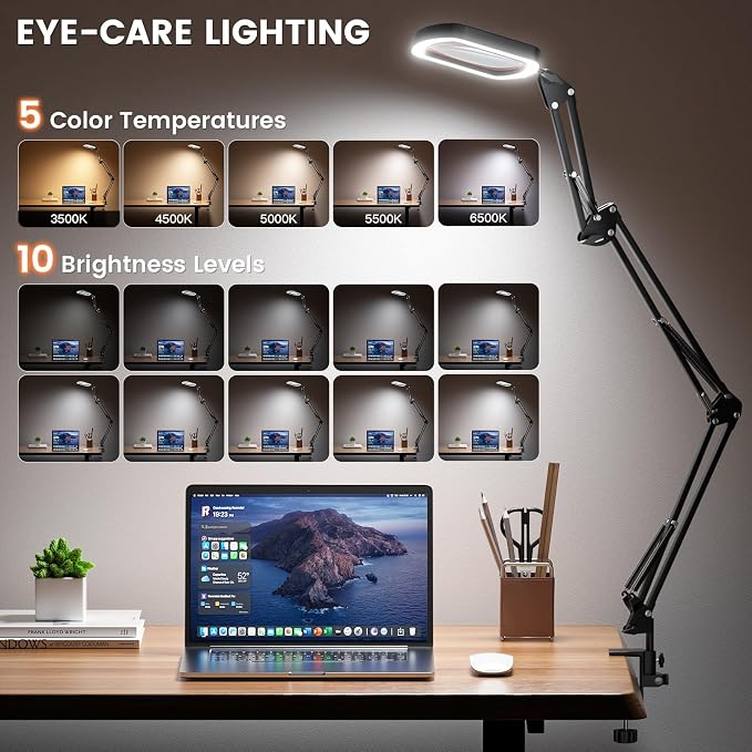 10X Rectangle Magnifying Lamp, Large Magnifying Light with 5 Color Modes | Magnifying Glass with light and Clamp, Hands Free, for Close Work, Crafts, Jeweller Repair, Painting, Hobbies