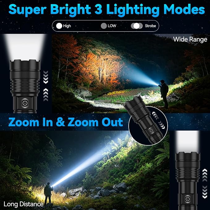 Rechargeable Flashlights High Lumens 2 Pack, Super Bright Tactical Flashlight 3 Modes with Power Display, Waterproof Zoomable LED Flash Light for Home Emergencies Camping Hiking