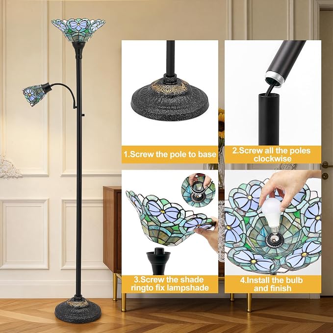 Luvkczc Tiffany-Style Floor Lamp, Stained Glass Lamp Victorian Style with Adjustable Gooseneck Reading Lamp – 70" Tall Torchiere Floor Lamps for Living Room