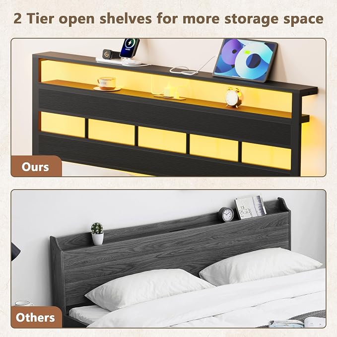 Twin Bed Frames with Charging Station and LED Lights, Black Oak | Heavy Duty Metal Slats Support, 2-Tier Wood Shelf Storage Headboard,USB & Type-C Ports,Noise-Free,No Box Spring,Easy Assembly