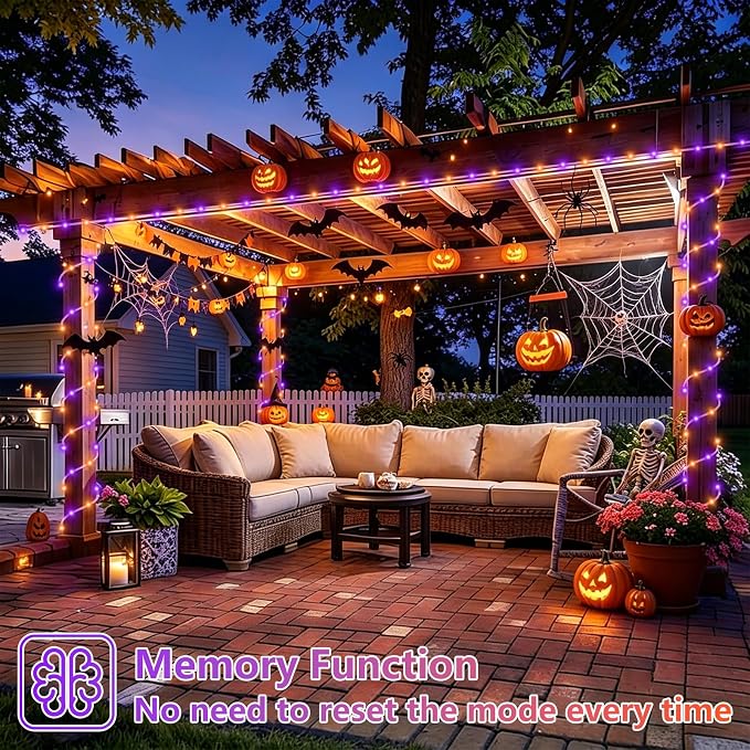 YEGUO Solar Halloween Lights Outdoor Waterproof, 66ft 200 LED Purple and Orange Solar Rope Lights, 8 Modes Fairy Lights in Clear Thin Tube