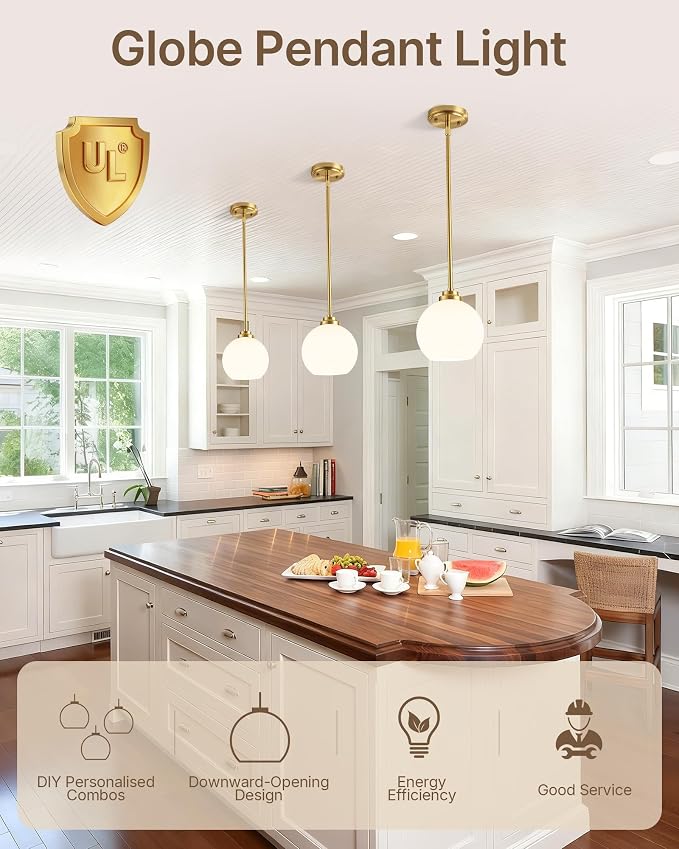 Majade 7.4" Globe Pendant Lights Mid Century Modern Kitchen Island Pendant Light Fixtures Gold Brass Pendant Lighting with Milk Glass Adjustable Hanging Light Fixtures for Dining Room Living Room