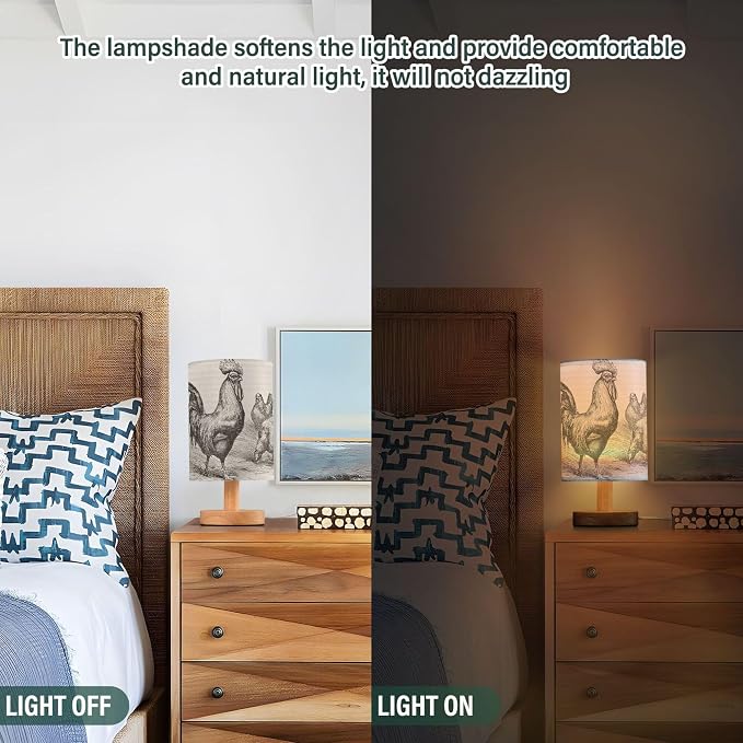 Table Lamp Retro Vintage Rooster Chicken Nightstand Lamp with Wood Base Fabric Lamp Shade Bedside Desk Lamp for Living Room Bedroom Kids Room Office