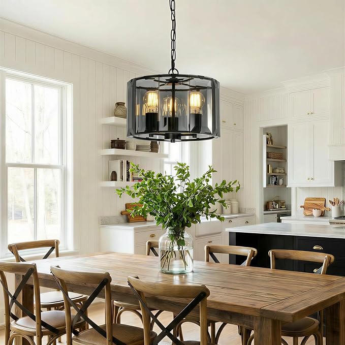 Black Chandeliers for Dining Room,3-Light Pendant Lights Kitchen Island Round, Height Adjustable Modern Dining Room Light Fixture over Table for Kitchen Entryway Foyer Living Room, UL Listed, 13 Inch