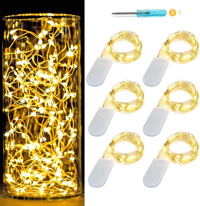 6 Pack Fairy String Lights Battery Operated No Remote,10ft 30LED Warm White | Micro LEDs Starry Lights,CR2032 Battery Included,Waterproof Silvery Wire Light DIY Wedding Centerpiece Christmas Table Decor