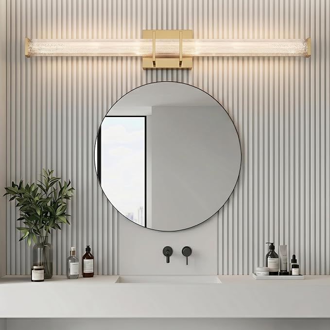 URSOLA 48" Modern LED Bathroom Light Fixtures, Golden 3CCT Dimmable Bathroom Vanity Light Over Mirror, Bathroom Vanity Bath Bar Lights with Crystal Acrylic Shade
