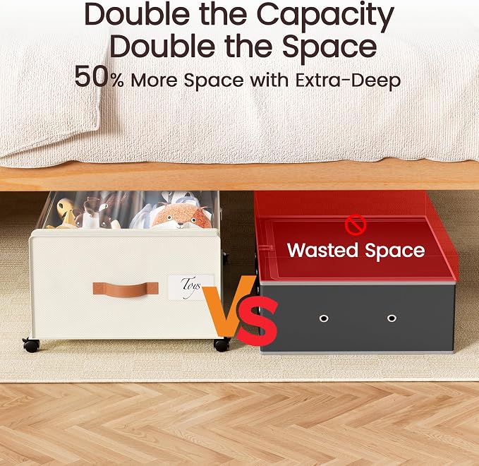 Yecaye 95L Under Bed Storage Containers, Fits 11" Under Bed, 2 Pack, Beige | XXL Capacity, 360° Rolling Wheels, Sturdy Metal Frame, Clear Window & Label, Storage Bins for Clothes, Shoes, Blankets