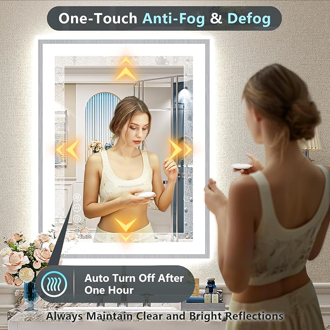 28x36 Inch Brushed Nickel LED Bathroom Mirror, Backlit & Front Lit | Silver Framed Anti-Fog Lighted Vanity Mirror with Lights, 3 Color Dimmable, Memory, HD Tempered Glass, CRI95, IP54, UL Listed