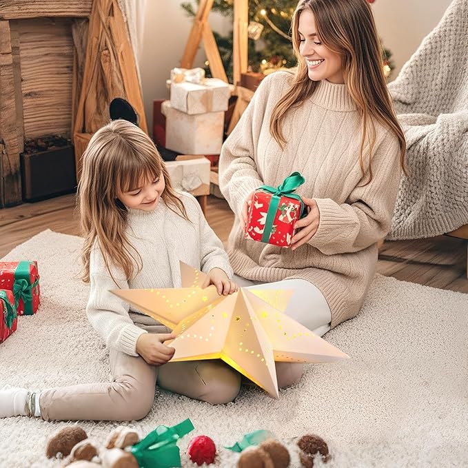 Lewondr Christmas Paper Star Lantern 3 Pack, Hanging Star Lights with Remote Control, Led Paper Lanterns with 6H Timer for Holiday Home Decoration